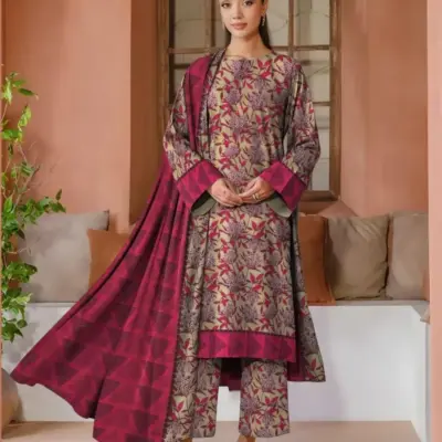 Women’s Khaddar 3 Pcs Unstitched Printed Suit with Wool Dupatta – Green | Shirt 3m, Trouser 2.5m, Dupatta 2.5m