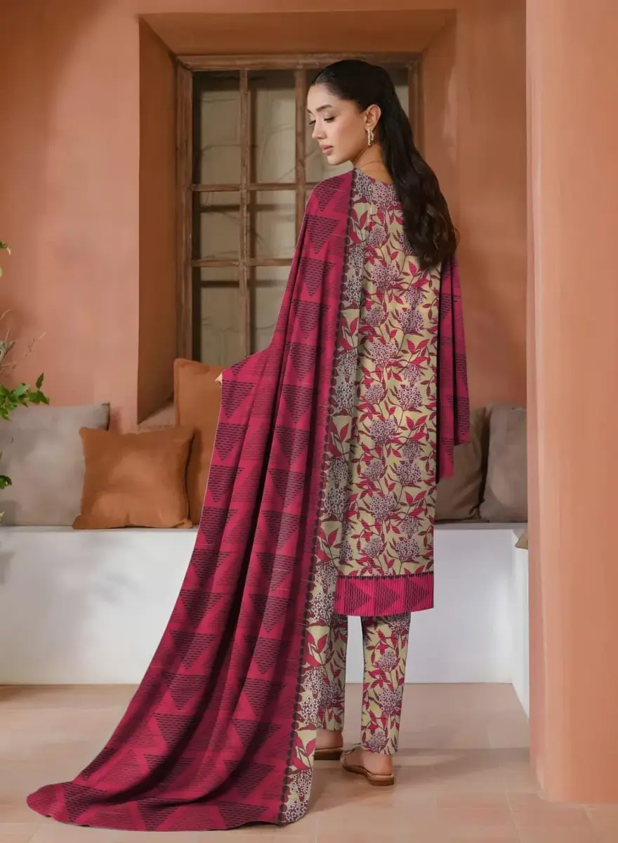 Women’s Khaddar 3 Pcs Unstitched Printed Suit with Wool Dupatta – Green | Shirt 3m, Trouser 2.5m, Dupatta 2.5m