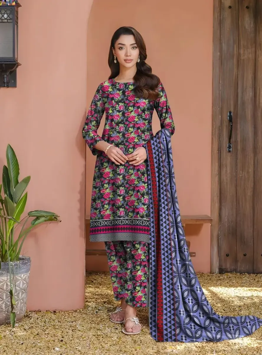 Women’s Khaddar 3 Pcs Unstitched Printed Suit with Wool Dupatta – Black | Shirt 3m, Trouser 2.5m, Dupatta 2.5m