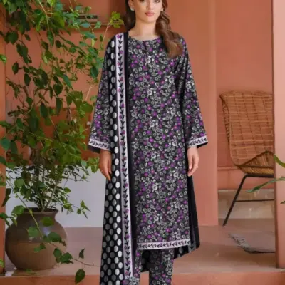 Women’s Khaddar 3 Pcs Unstitched Printed Suit with Wool Dupatta – Black | Shirt 3m, Trouser 2.5m