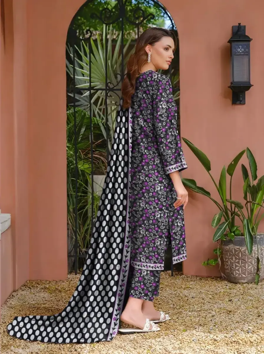 Women’s Khaddar 3 Pcs Unstitched Printed Suit with Wool Dupatta – Black | Shirt 3m, Trouser 2.5m