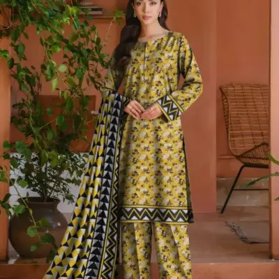 Women’s Khaddar 3 Pcs Unstitched Printed Suit with Wool Dupatta – Golden | Shirt 3m, Trouser 2.5m