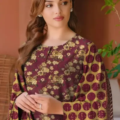 Women’s Khaddar 3 Pcs Unstitched Printed Suit with Wool Dupatta – Brown | Shirt 3m, Trouser 2.5m