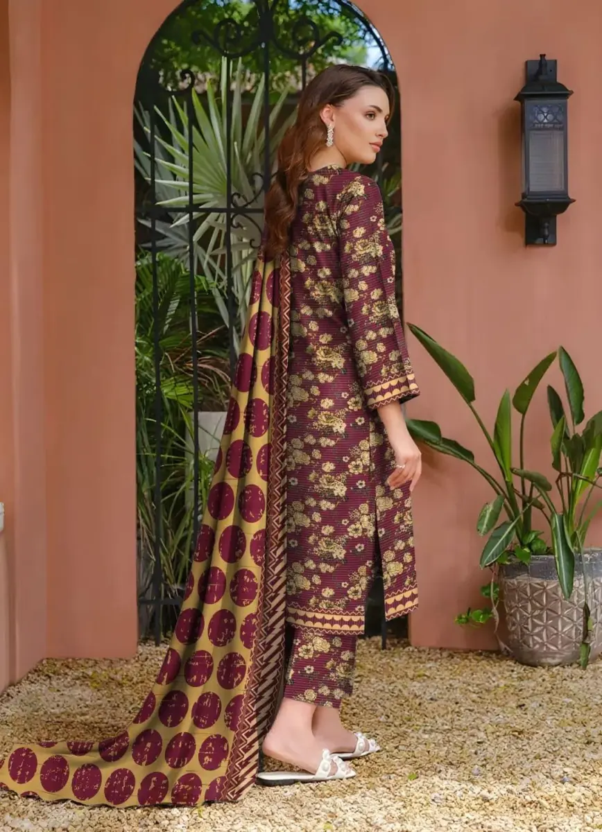Women’s Khaddar 3 Pcs Unstitched Printed Suit with Wool Dupatta – Brown | Shirt 3m, Trouser 2.5m
