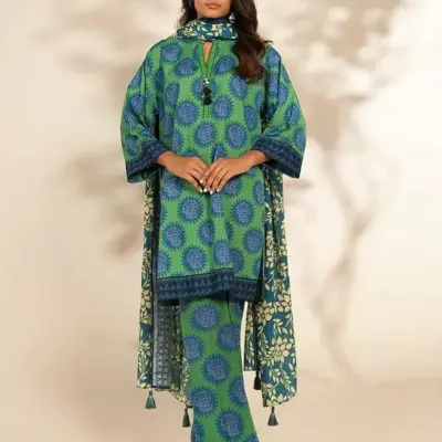 Women’s Khaddar 3 Pcs Unstitched Printed Suit – Green | Winter Wear, Shirt 3m