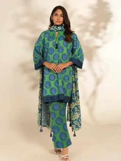 Women’s Khaddar 3 Pcs Unstitched Printed Suit – Green | Winter Wear, Shirt 3m