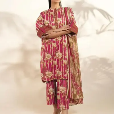 Women’s Khaddar 3 Pcs Unstitched Printed Suit – Pink | Winter Wear, Shirt 3m