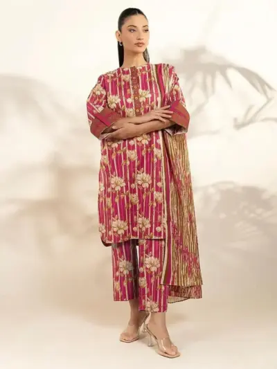 Women’s Khaddar 3 Pcs Unstitched Printed Suit – Pink | Winter Wear, Shirt 3m