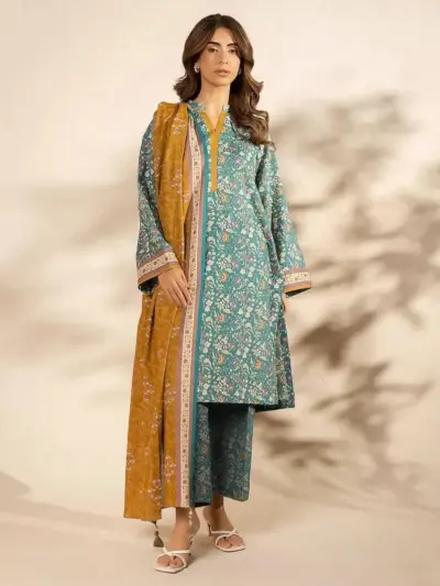 Women’s Khaddar 3 Pcs Unstitched Printed Suit – Green | Winter Wear, Shirt 3m