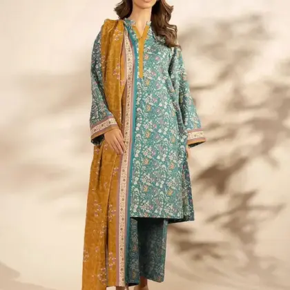 Women’s Khaddar 3 Pcs Unstitched Printed Suit – Green | Winter Wear, Shirt 3m