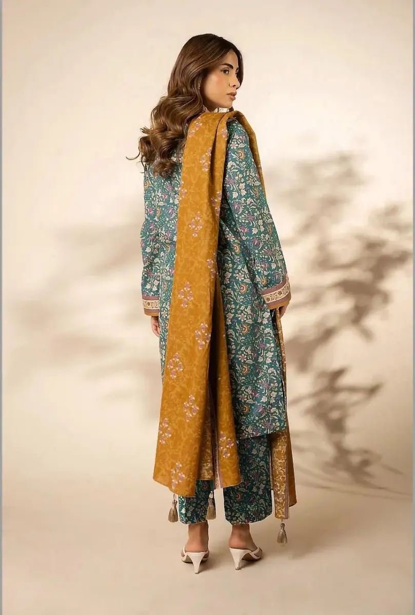 Women’s Khaddar 3 Pcs Unstitched Printed Suit – Green | Winter Wear, Shirt 3m