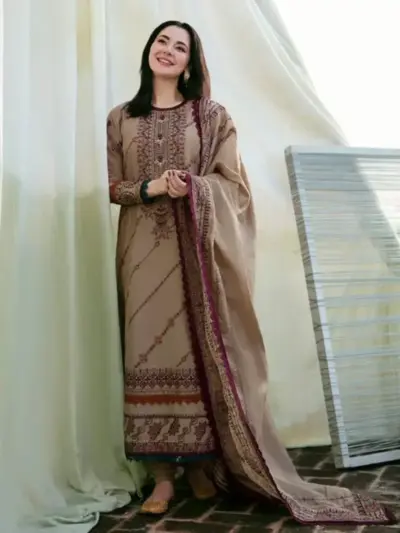 Women’s Dhanak 3 Pcs Unstitched Embroidered Suit – Ivory | Winter Wear with Embroidered Dupatta