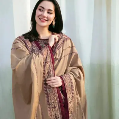 LIBAAS Women’s Dhanak 3 Pcs Unstitched Embroidered Suit – Grey | Winter Wear with Embroidered Dupatta