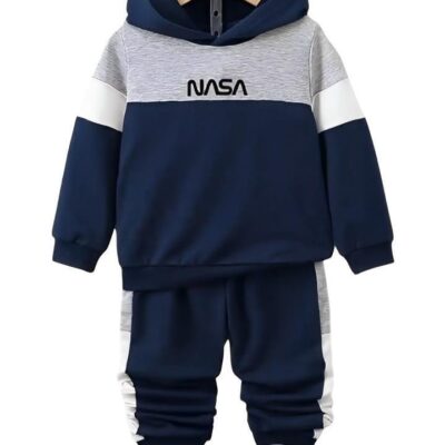 Blue Fleece Printed Hoodie & Tracksuit Set – Boys 2-Piece Outfit (Ages 1–12 Years)