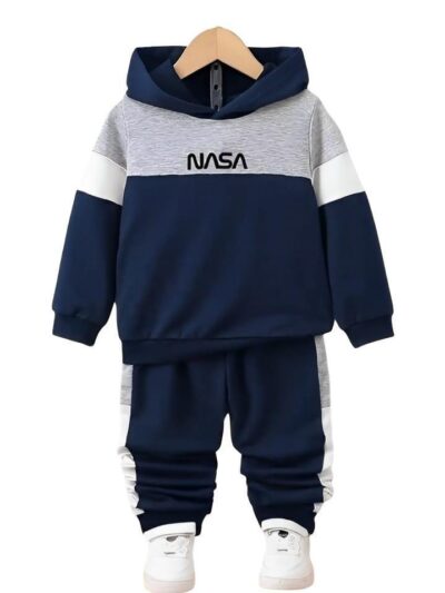 Blue Fleece Printed Hoodie & Tracksuit Set – Boys 2-Piece Outfit (Ages 1–12 Years)