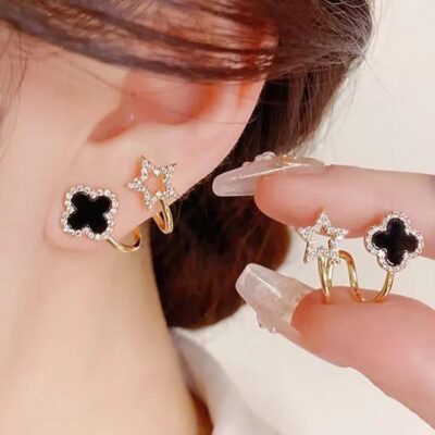Star Shaped Gold Plated Earrings with Black Artificial Stones – Women’s Jewelry