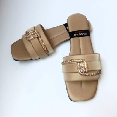 Women’s Beige Synthetic Leather Semi-Formal Flats – Rhinestone Embellished Comfortable Shoes