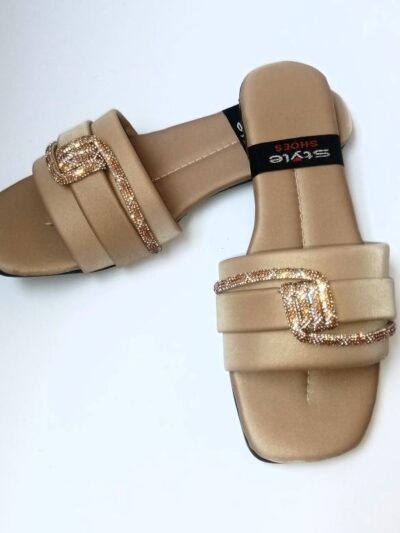 Women’s Beige Synthetic Leather Semi-Formal Flats – Rhinestone Embellished Comfortable Shoes