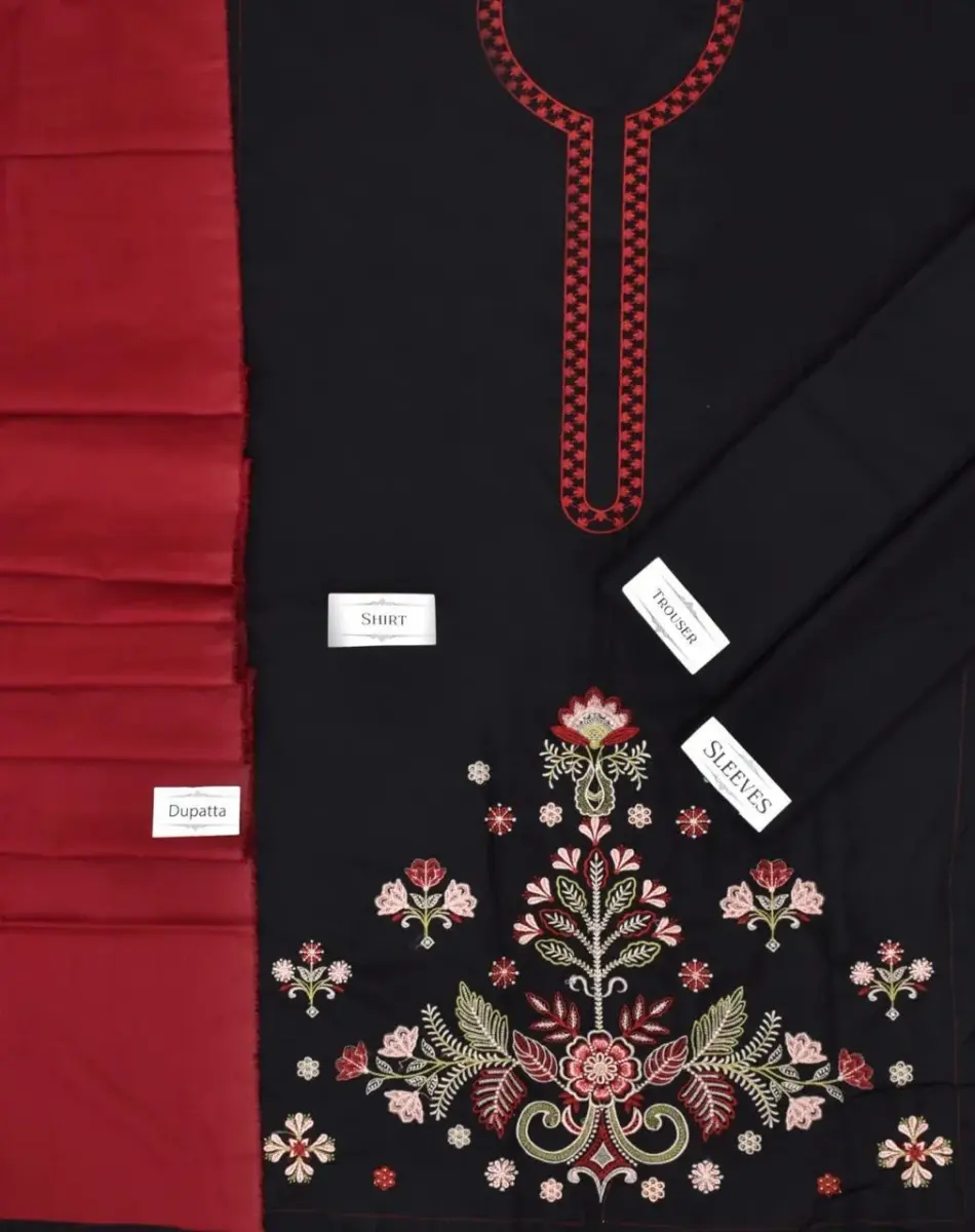 Women’s Dhanak 3 Pcs Unstitched Embroidered Suit – Black | Winter Wear with Printed Dupatta