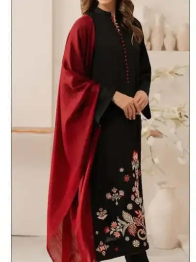 Women’s Dhanak 3 Pcs Unstitched Embroidered Suit – Black | Winter Wear with Printed Dupatta