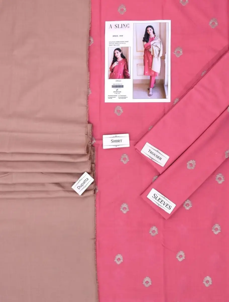 Women’s Dhanak 3 Pcs Unstitched Embroidered Suit – Pink | Winter Wear with Printed Dupatta