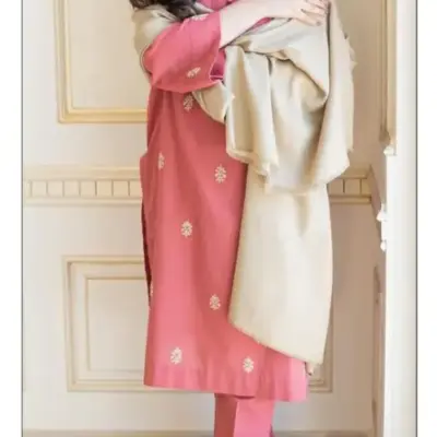 Women’s Dhanak 3 Pcs Unstitched Embroidered Suit – Pink | Winter Wear with Printed Dupatta