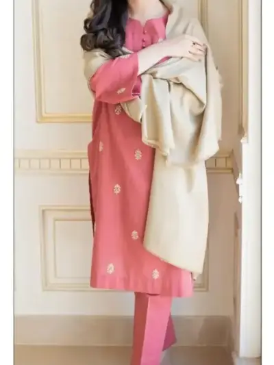 Women’s Dhanak 3 Pcs Unstitched Embroidered Suit – Pink | Winter Wear with Printed Dupatta