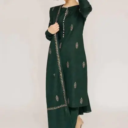 Women’s 3 Pcs Unstitched Embroidered Dhanak Suit with Printed Dupatta – Green (Shirt 3M, Trouser 2.5M, Dupatta 2.5M)