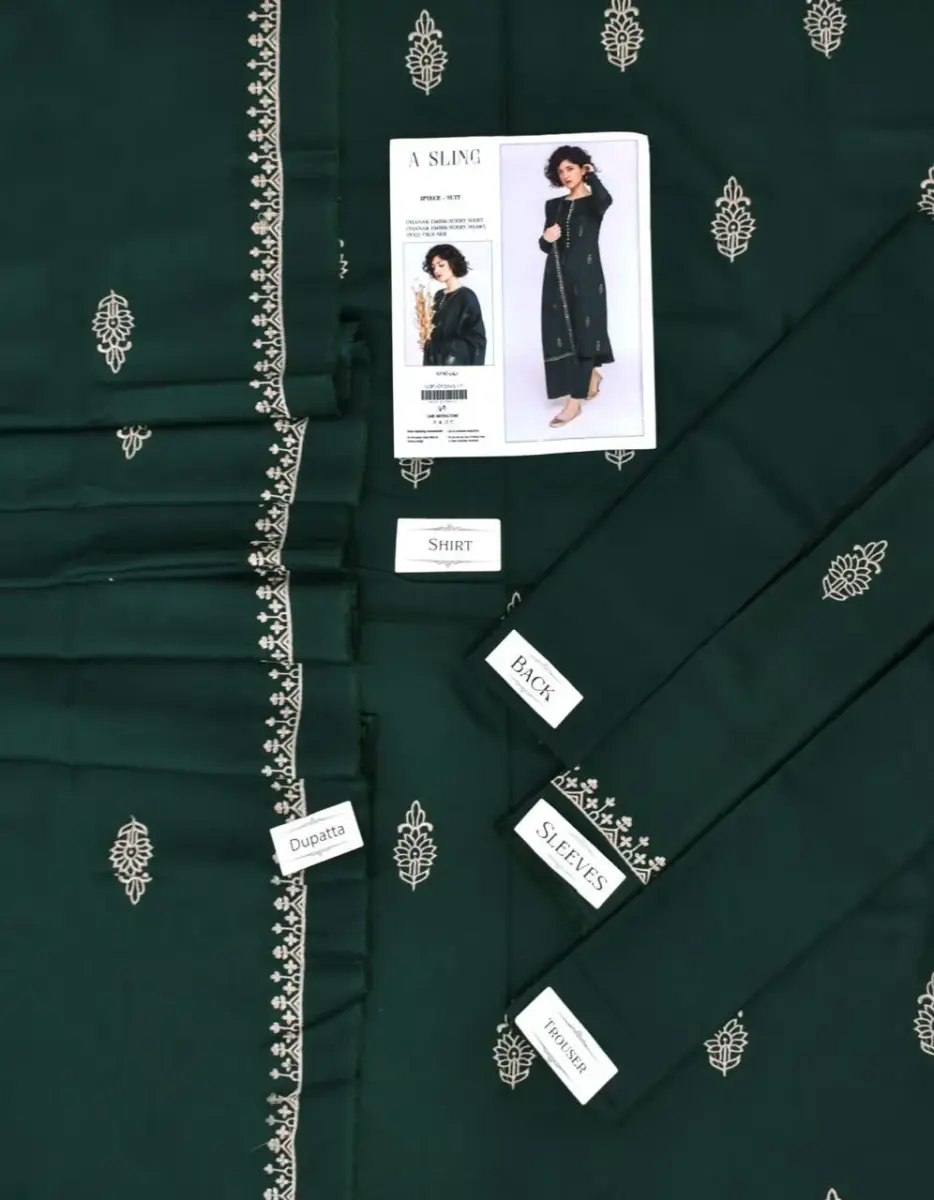 Women’s 3 Pcs Unstitched Embroidered Dhanak Suit with Printed Dupatta – Green (Shirt 3M, Trouser 2.5M, Dupatta 2.5M)