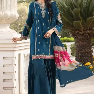 Women’s 3 Pcs Unstitched Embroidered Dhanak Suit with Printed Dupatta – Blue (Shirt 3M, Trouser 2.5M, Dupatta 2.5M)