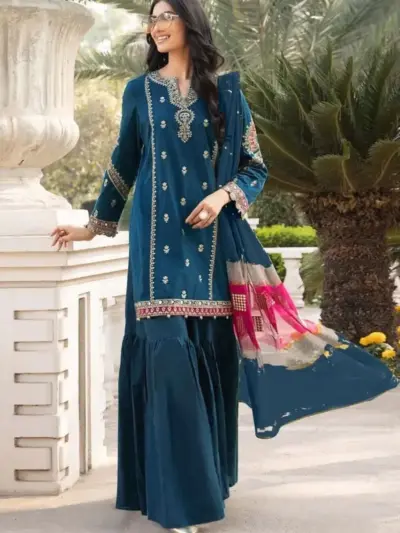Women’s 3 Pcs Unstitched Embroidered Dhanak Suit with Printed Dupatta – Blue (Shirt 3M, Trouser 2.5M, Dupatta 2.5M)