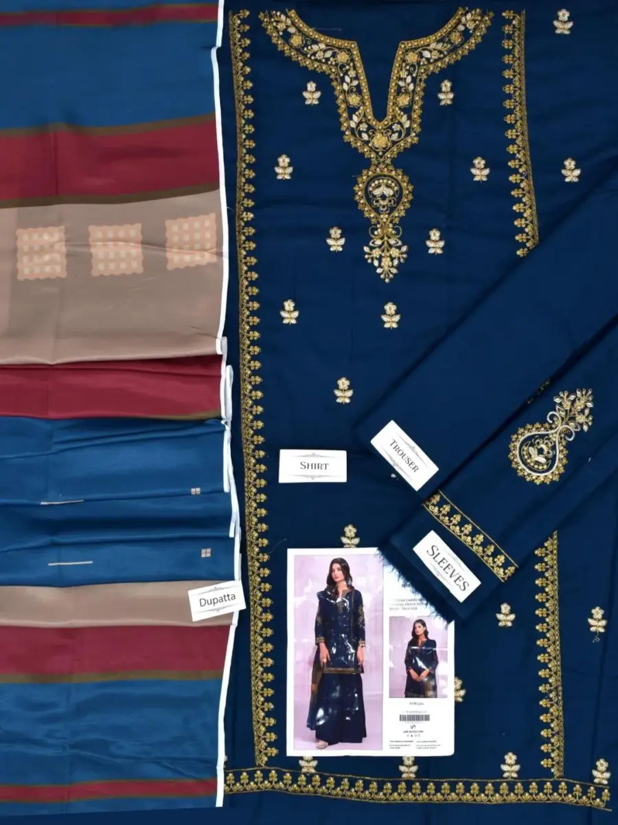 Women’s 3 Pcs Unstitched Embroidered Dhanak Suit with Printed Dupatta – Blue (Shirt 3M, Trouser 2.5M, Dupatta 2.5M)