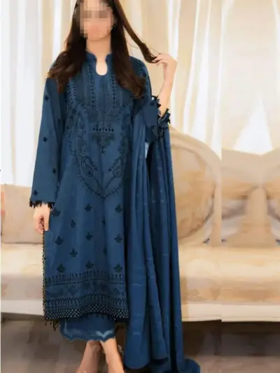 Women’s 3-Piece Unstitched Embroidered Dhanak Suit – Blue | Shirt, Trouser & Dupatta
