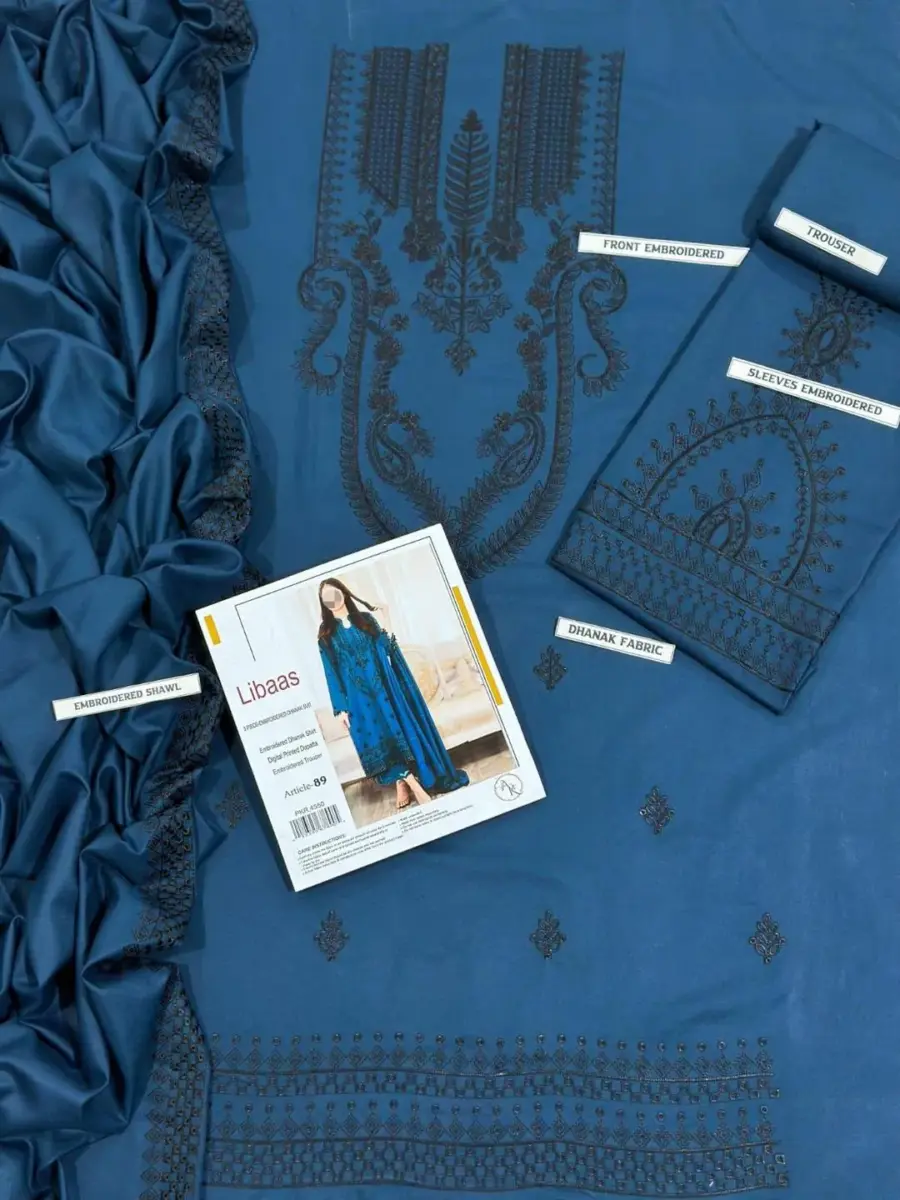Women’s 3-Piece Unstitched Embroidered Dhanak Suit – Blue | Shirt, Trouser & Dupatta