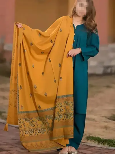 Women’s 3-Piece Unstitched Embroidered Suit – Dhanak Shirt, Trouser & Pashmina Dupatta (Blue, 2.75m Shirt)
