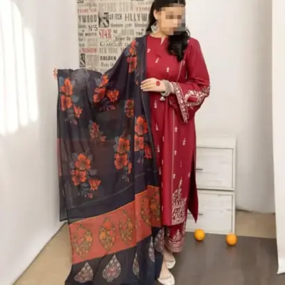 Premium 3 Pcs Women’s Unstitched Embroidered Dhanak Suit – Maroon | Embroidered Shirt & Trouser with Digital Printed Pashmina Dupatta