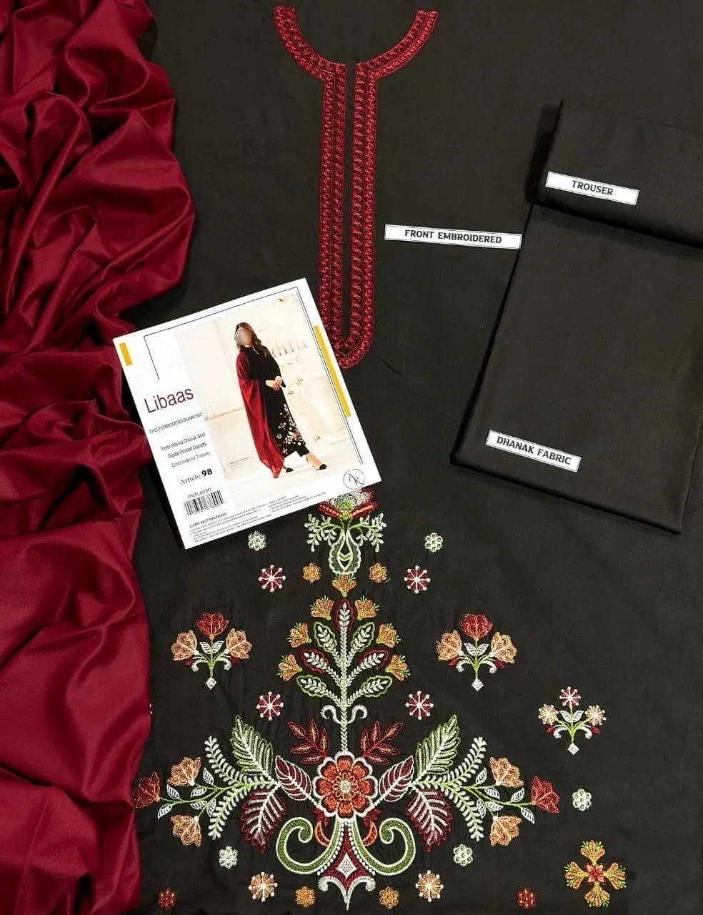 3 Pcs Women’s Unstitched Black Embroidered Dhanak Suit with Dupatta (Winter Wear)