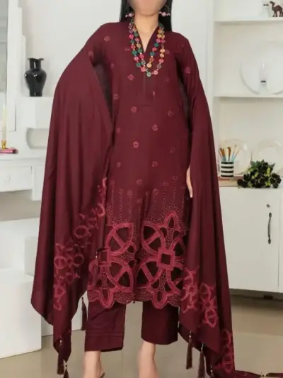 Women’s 3-Piece Unstitched Chikankari Embroidered Dhanak Suit – Maroon | Shirt, Trouser & Dupatta Winter Fabric Set