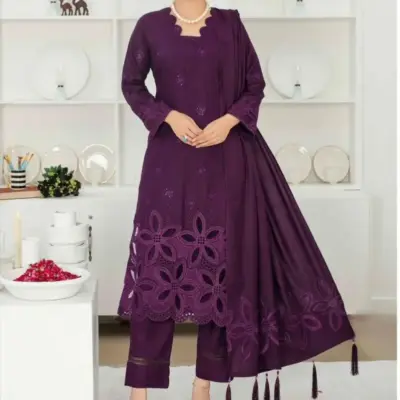 Women’s 3-Piece Unstitched Chikankari Embroidered Dhanak Suit – Purple | Shirt, Trouser & Dupatta (Winter Fabric Set)