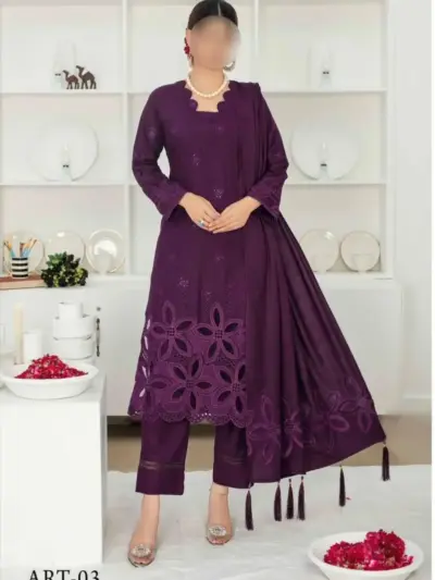 Women’s 3-Piece Unstitched Chikankari Embroidered Dhanak Suit – Purple | Shirt, Trouser & Dupatta (Winter Fabric Set)