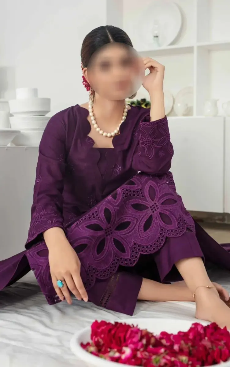 Women’s 3-Piece Unstitched Chikankari Embroidered Dhanak Suit – Purple | Shirt, Trouser & Dupatta (Winter Fabric Set)