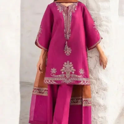 Women’s 2-Piece Unstitched Embroidered Dhanak Suit – Pink | Winter Shirt & Trouser Fabric Set (2.75m + 2.5 Gazz)