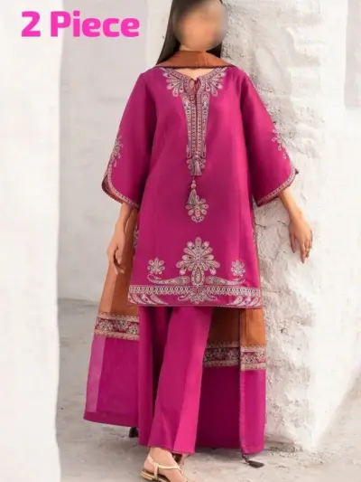 Women’s 2-Piece Unstitched Embroidered Dhanak Suit – Pink | Winter Shirt & Trouser Fabric Set (2.75m + 2.5 Gazz)