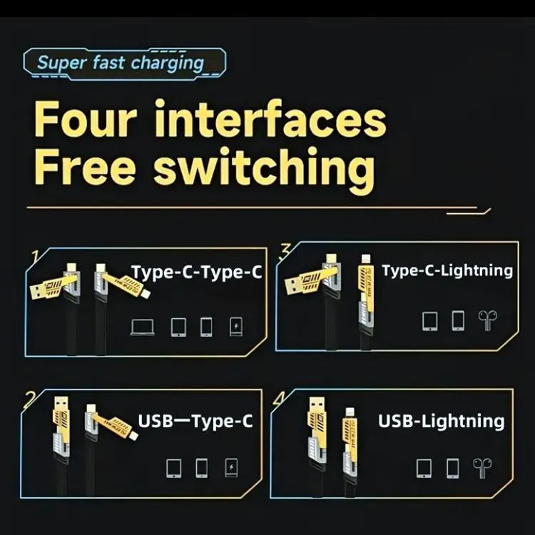 4-in-1 Fast Charging Cable – Type-C, iPhone & Multi-Connector USB Charging Cable for Smartphones (Black)