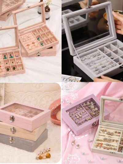 Velvet Jewellery Box for Women – Elegant Pink & Grey Organizer (1 Pc, Standard Size)