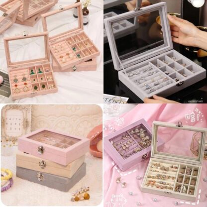 Velvet Jewellery Box for Women – Elegant Pink & Grey Organizer (1 Pc, Standard Size)