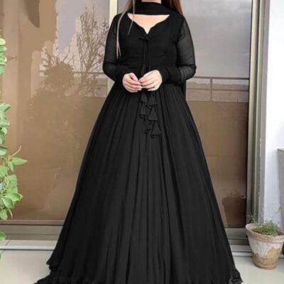 3 Pcs Women’s Stitched Chiffon Maxi Suit – Plain, Round Neck, Dupatta Included, Standard Size