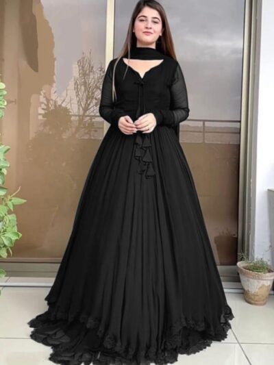 3 Pcs Women’s Stitched Chiffon Maxi Suit – Plain, Round Neck, Dupatta Included, Standard Size