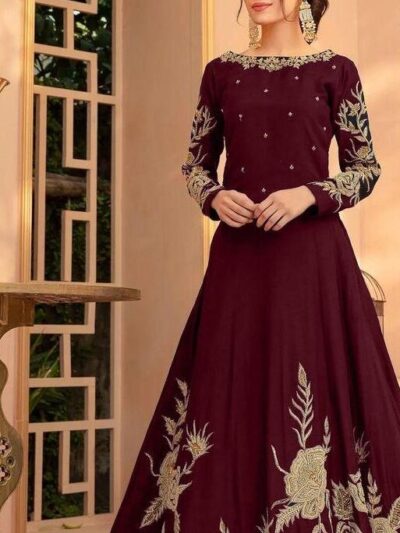 Elegant Women’s Stitched Shamoz Silk Embroidered Maxi Dress – Festive & Party Wear