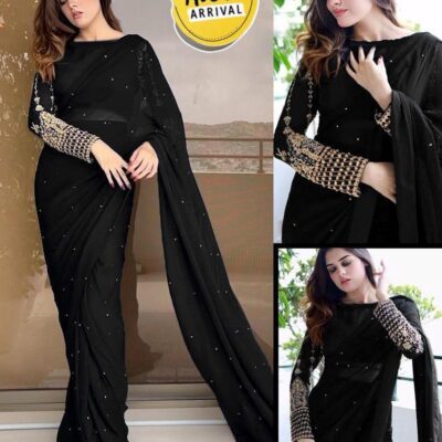 Elegant Women’s Black Silk & Chiffon Sequins Embroidered Ready-to-Wear Saree with Blouse (2 Pcs Set)
